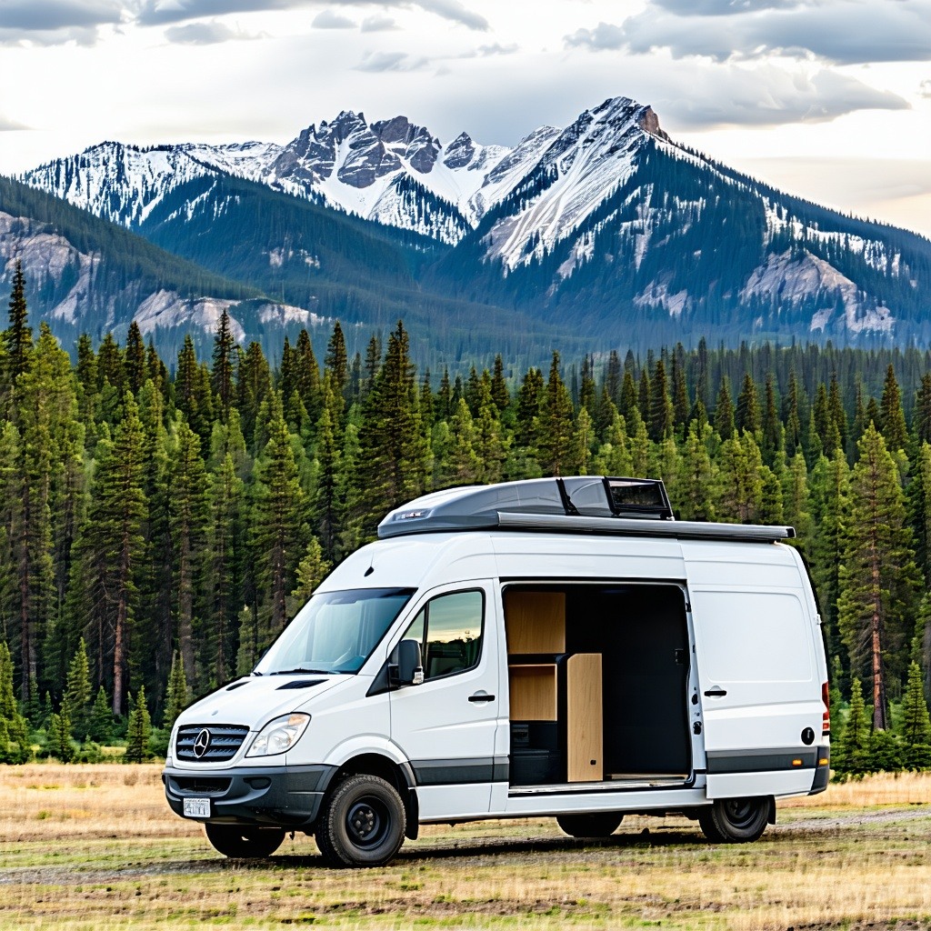 Super luxury converted transit 250 recreatinal van conversion In the mountains in Bend Oregon Sisters mountains in the background Forest in the foreground